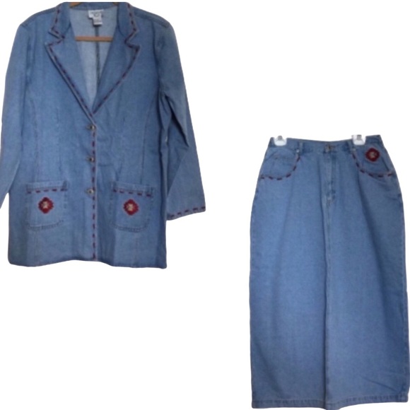 VINTAGE CERVELLE Jacket Skirt Set Embroidered Denim Jean Women’s Large LIKE NEW - Picture 1 of 16